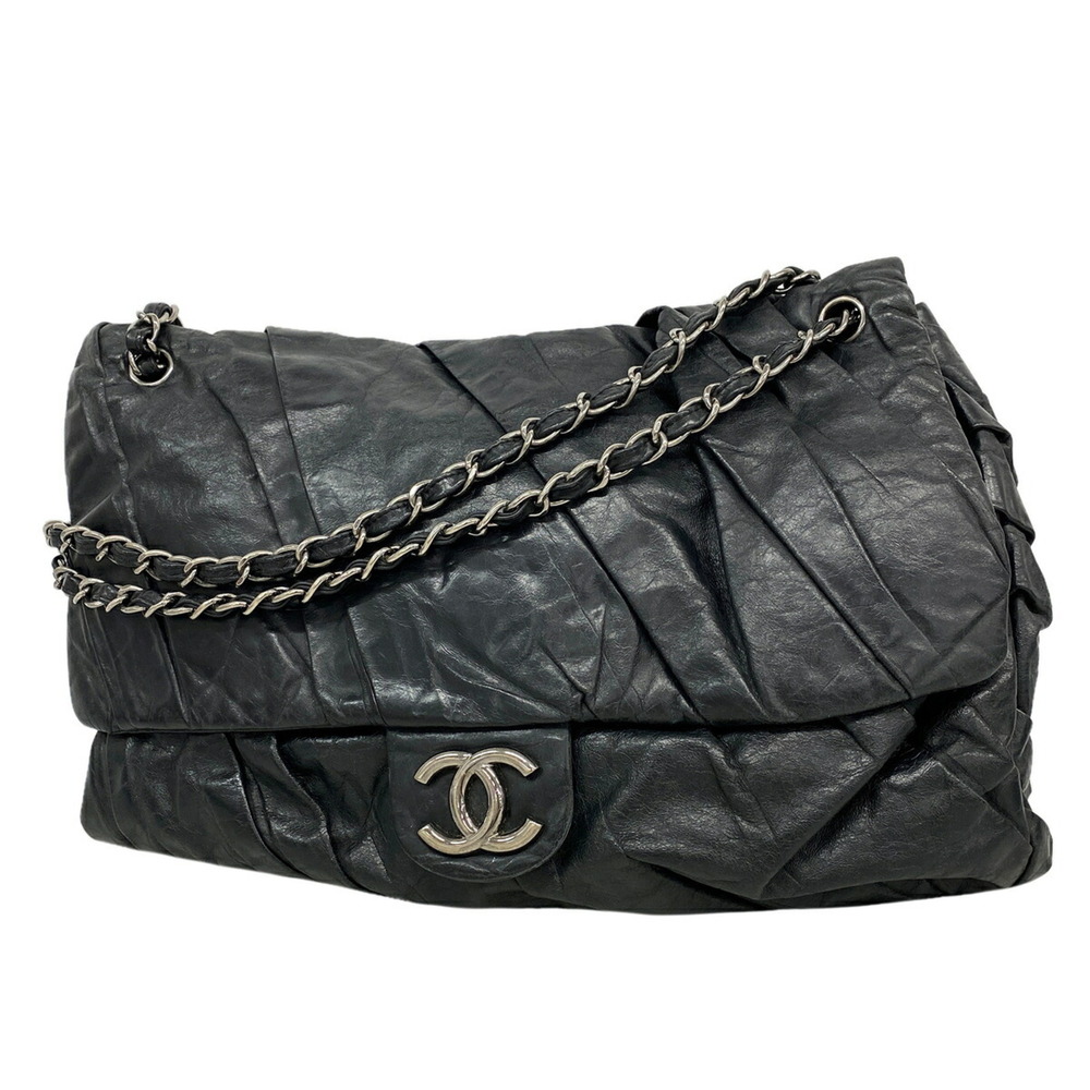 Chanel Shoulder Bag, Double Chain, Leather, Black, Women's, OP020822